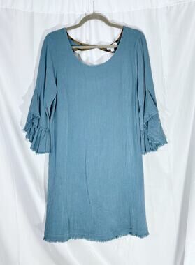 NWT Umgee Blue Sheath Dress Leopard Back Bell Sleeves Raw Hem Large